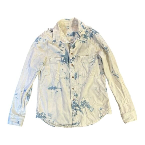 Mother Denim Double Foxy XS Button Down Shirt Clouds Blue Tie Dye Distressed - Picture 1 of 10